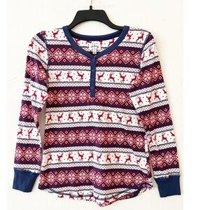 Lanz Reindeer and Snowflake Henley Style Sleep Top Size Small